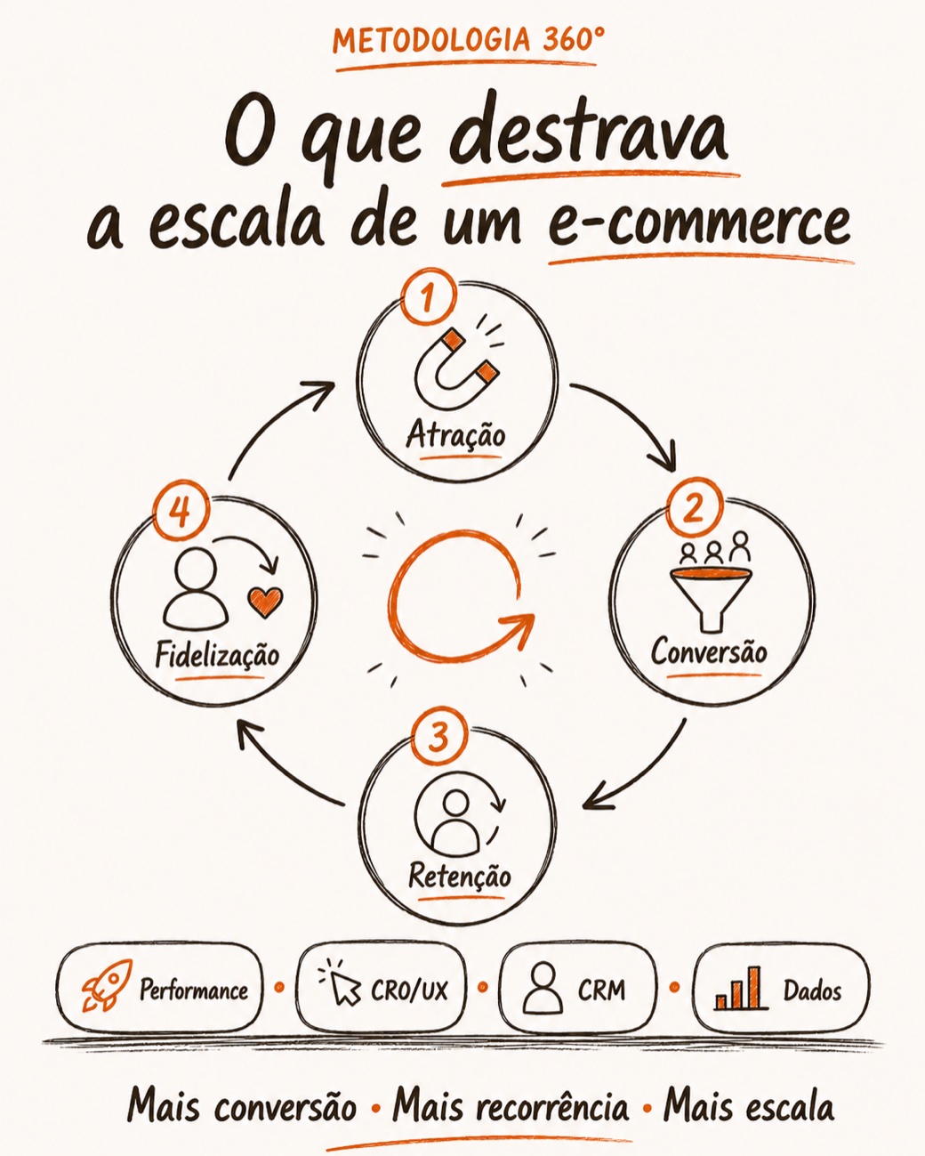Metodologia 360°: o que destrava a escala de um e-commerce — ciclo de Atração, Conversão, Retenção e Fidelização, sustentado por Performance, CRO/UX, CRM e Dados. Mais conversão, mais recorrência, mais escala.